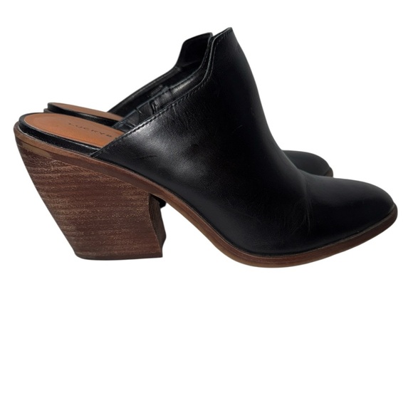 Lucky Brand Women's Slip On Clogs Size 9.5M Black Leather Block Heel Almond Toe - Picture 1 of 12